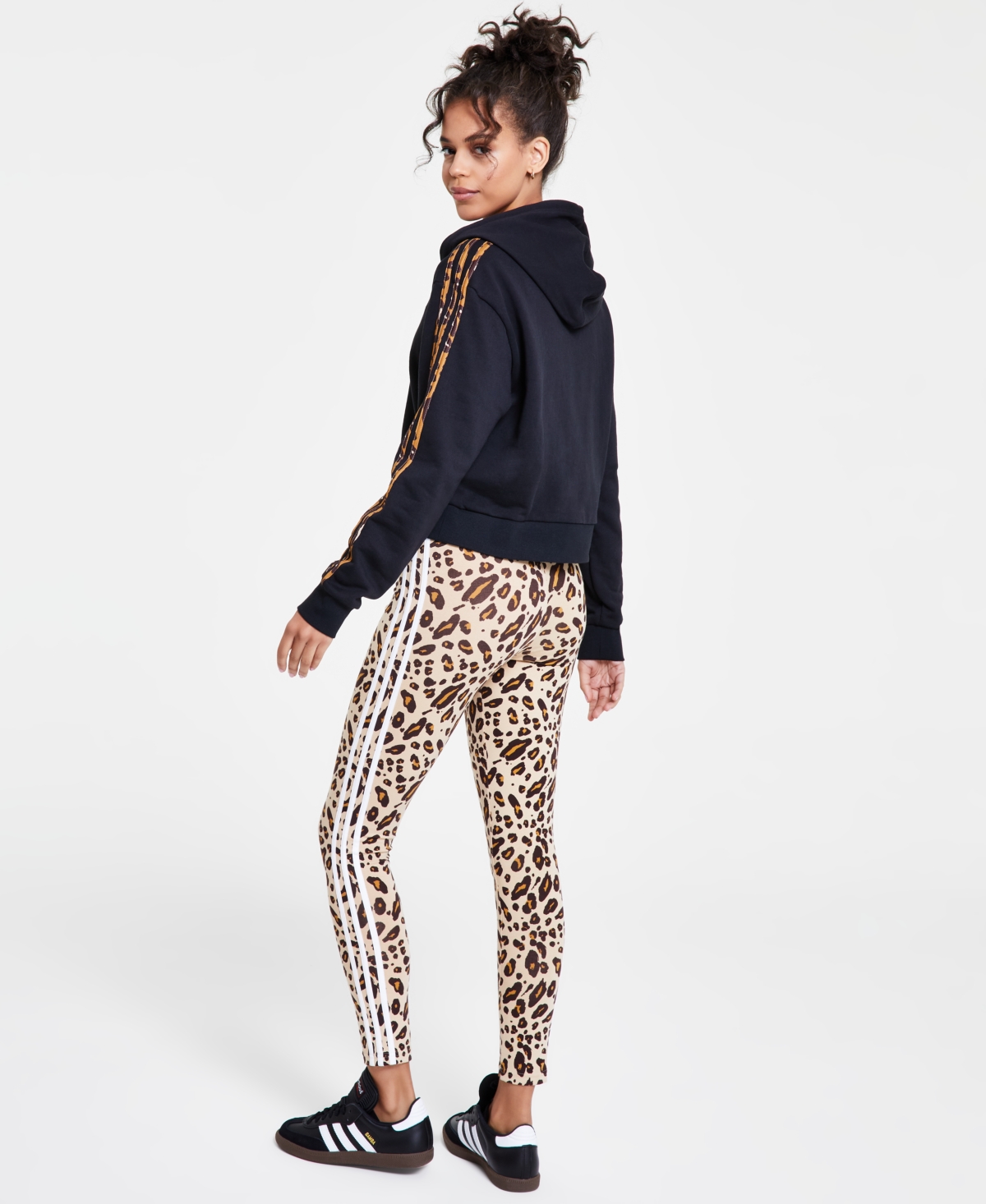 Shop Adidas Originals Women's Essentials 3-stripe Animal-print Cropped Hoodie In Black