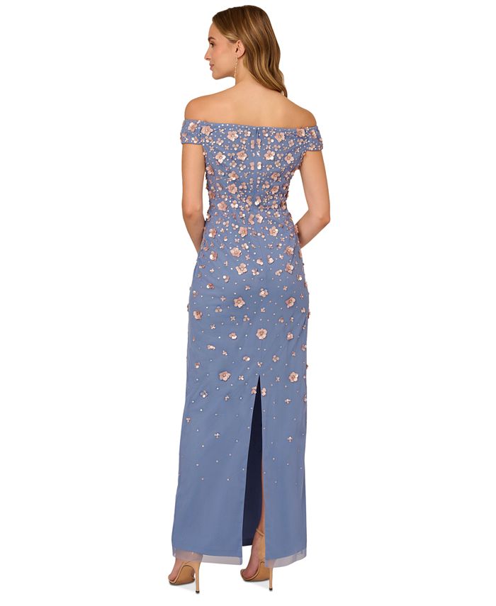 Adrianna Papell Women's Embroidered Floral Off The Shoulder Gown Blue Size 8