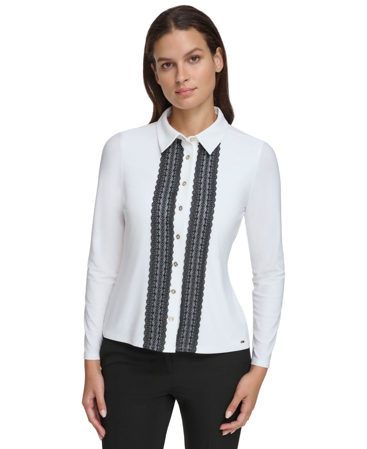 Shop Tommy Hilfiger Women's Long-sleeve Lace-trimmed Blouse In Ivory,black