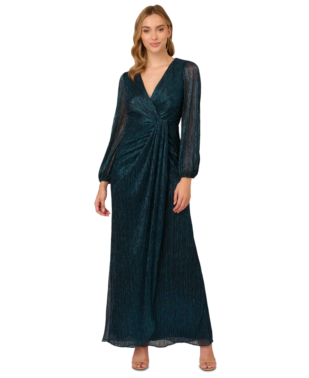 Adrianna Papell Women's Metallic Crinkled Draped Gown In Teal Sapphire