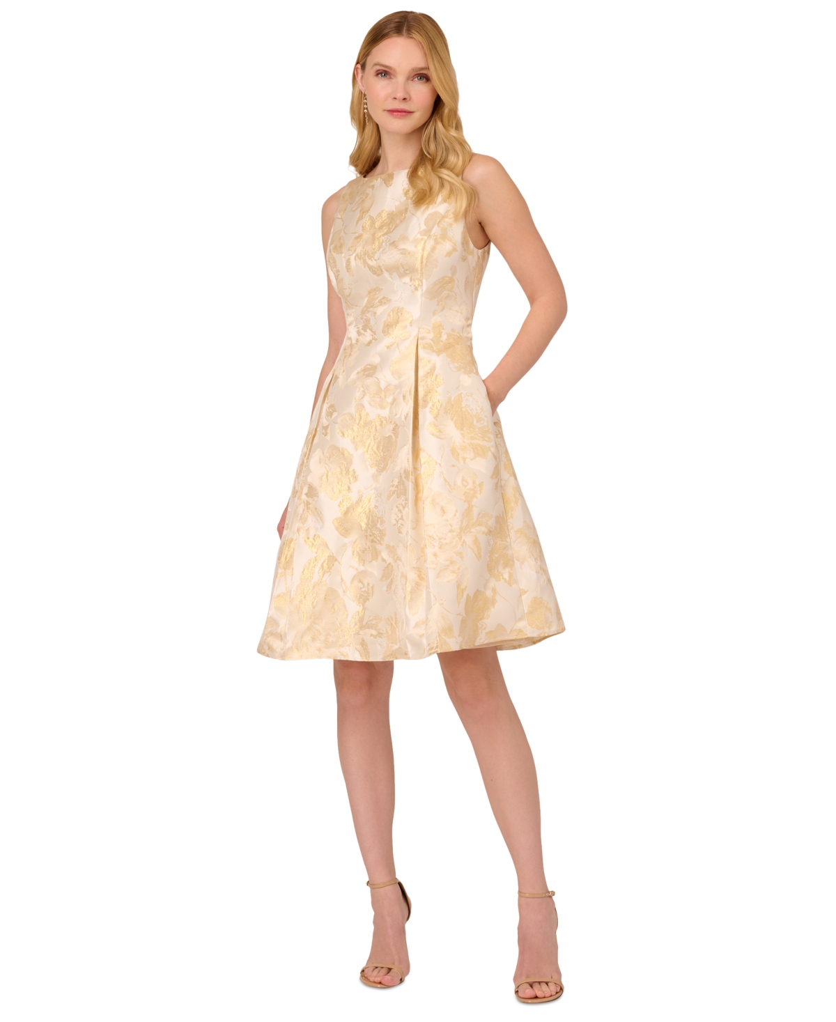 Shop Adrianna Papell Women's Floral Jacquard Fit & Flare Dress In Champagne