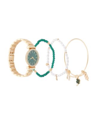 Women's Analog Shiny Gold-Tone Metal Strap Watch 33mm 4 Pieces Bracelet Gift Set