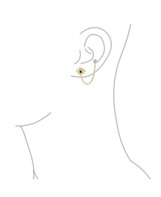 Tiny Yellow 10K Gold Spiritual Blue CZ Protection Amulet Double Piercing 1 Piece Chain Evil Eye Stud Earring Ear Lobe Cartilage