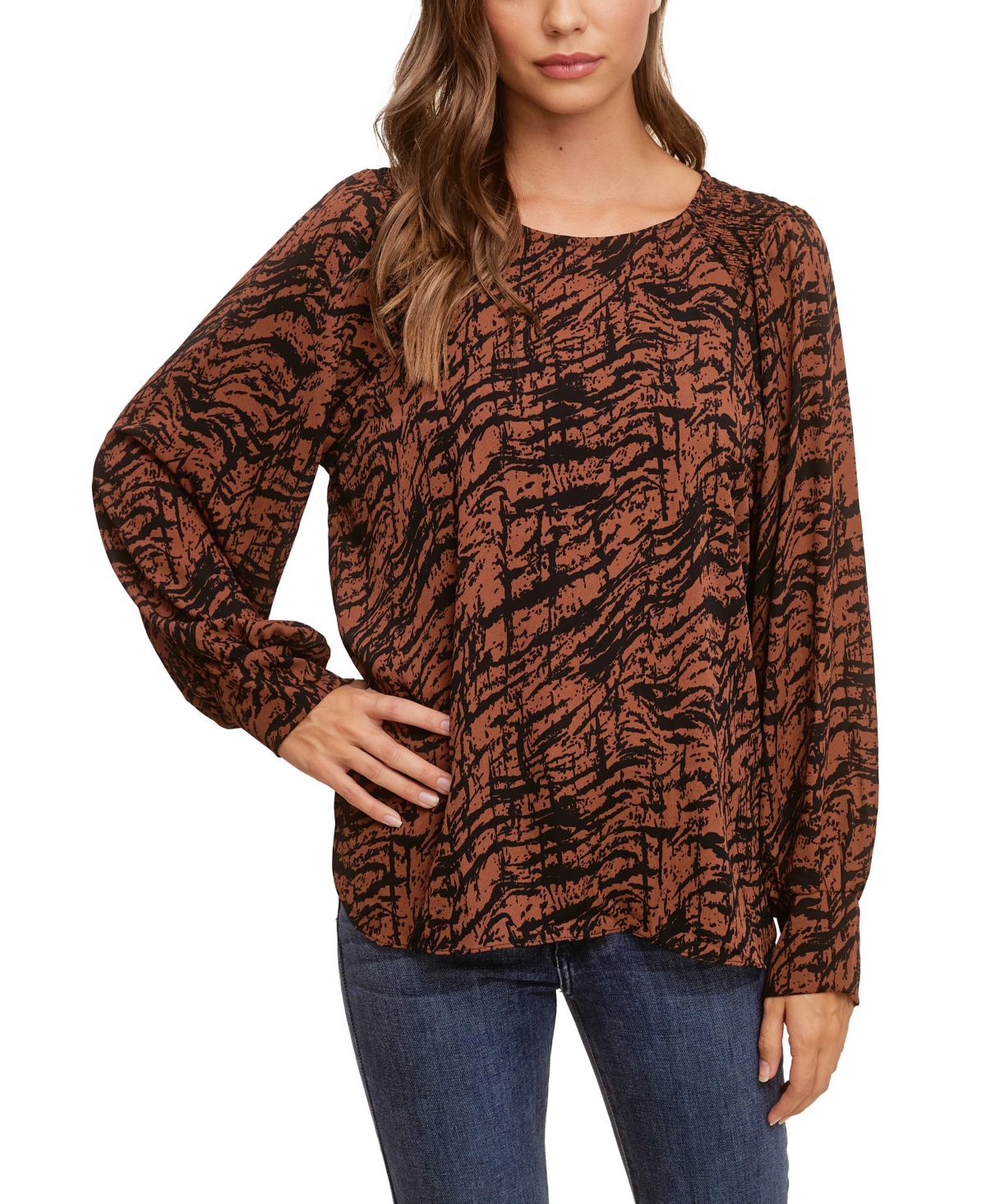 Women's Printed Soft Crepe Blouse with Smocking - Brown, Black
