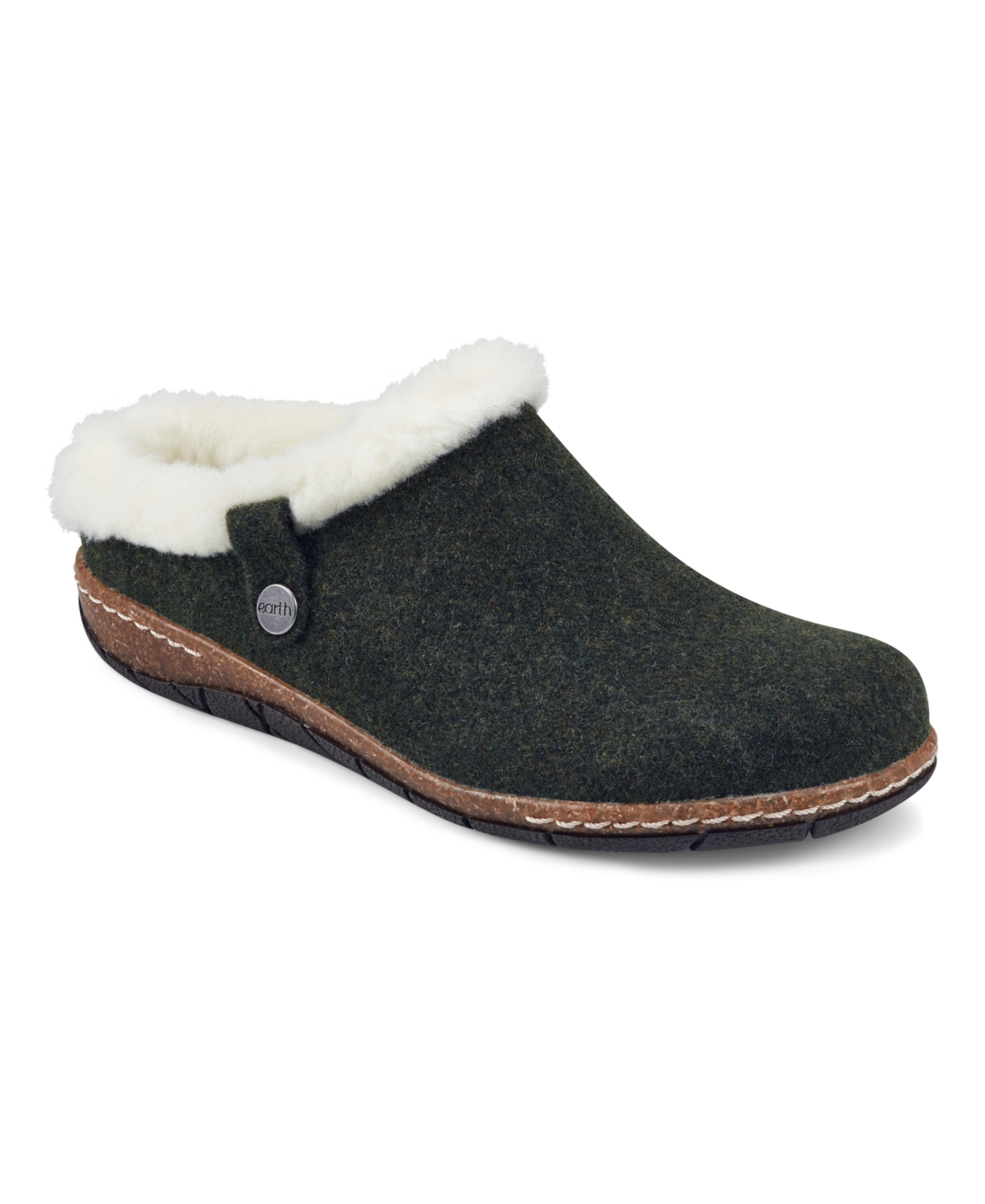 Earth Women's Elena Cold Weather Round Toe Casual Slip On Clogs In Dark Green Textile,faux Fur