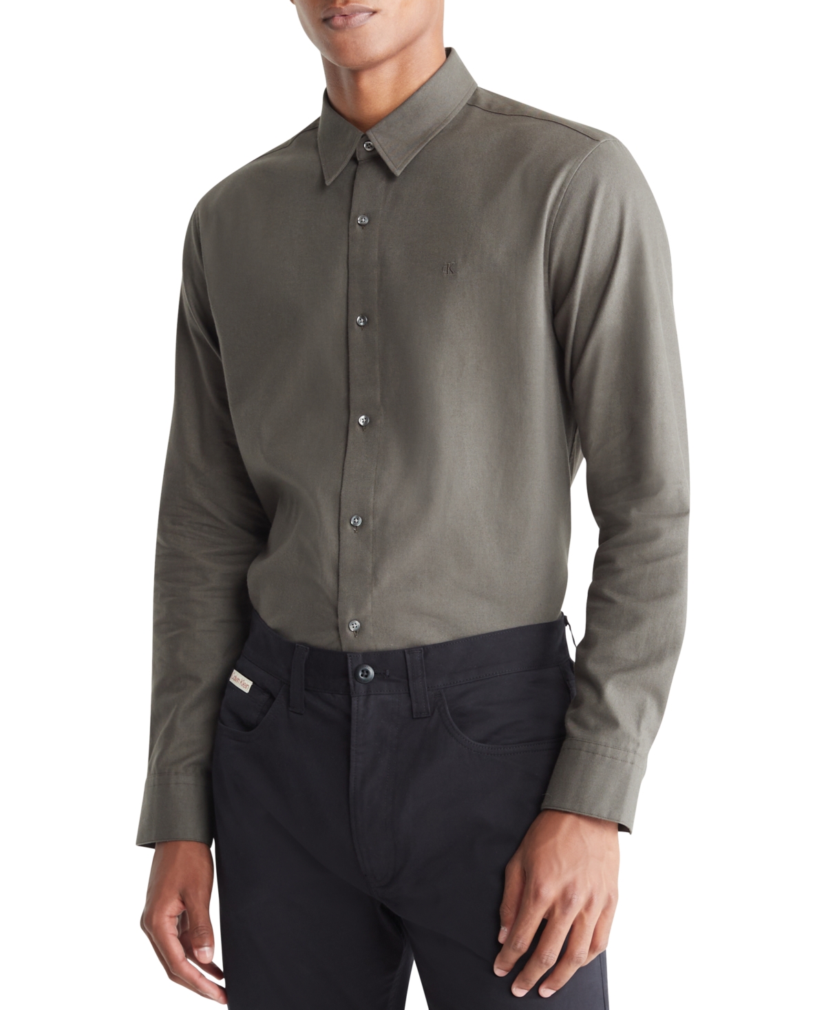 Calvin Klein Men's Regular-fit Solid Button-down Flannel Shirt In Beluga