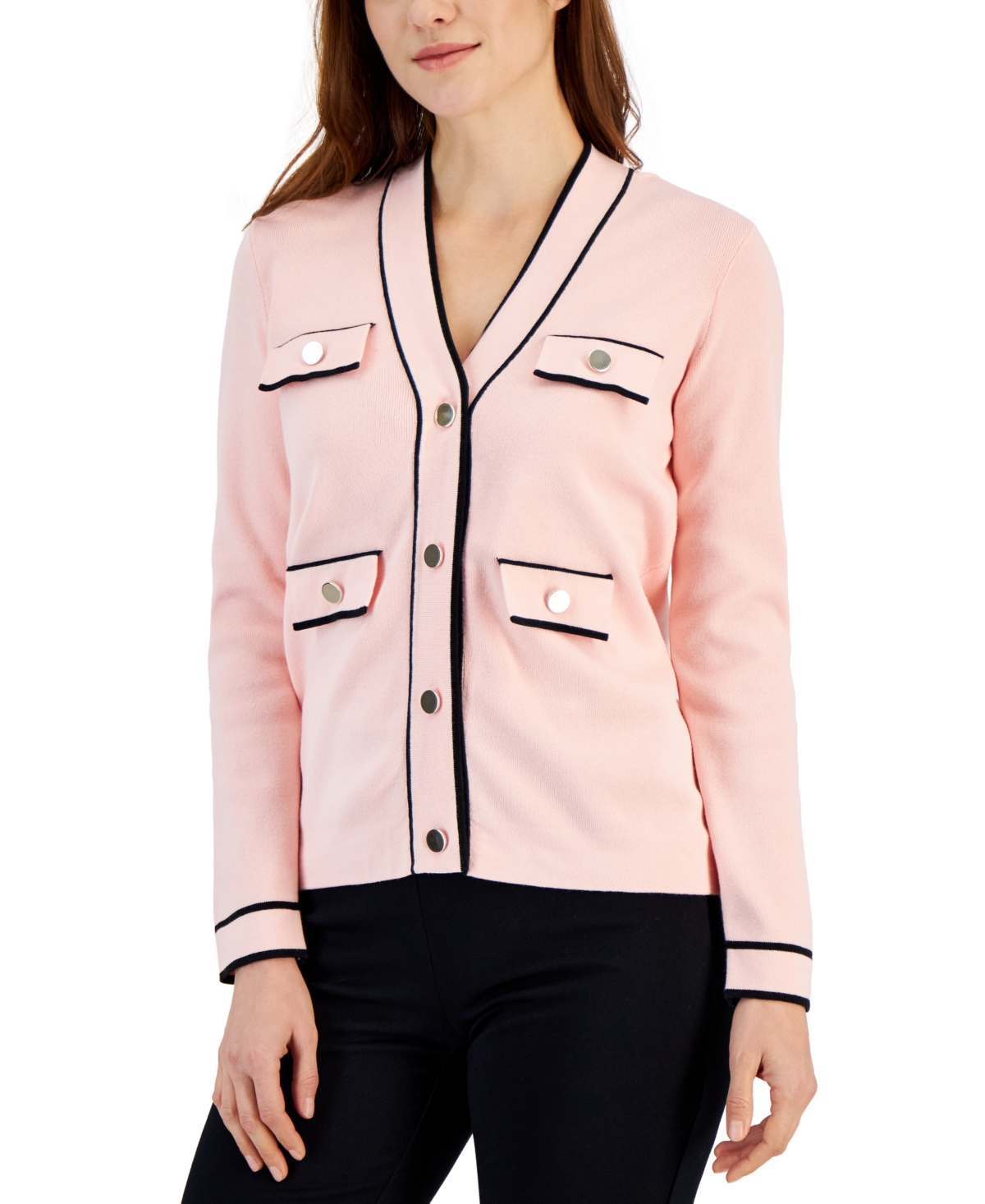 Shop Anne Klein Petite Tipped Long-sleeve Faux-pocket Cardigan In Cherry Blossom,anne Black