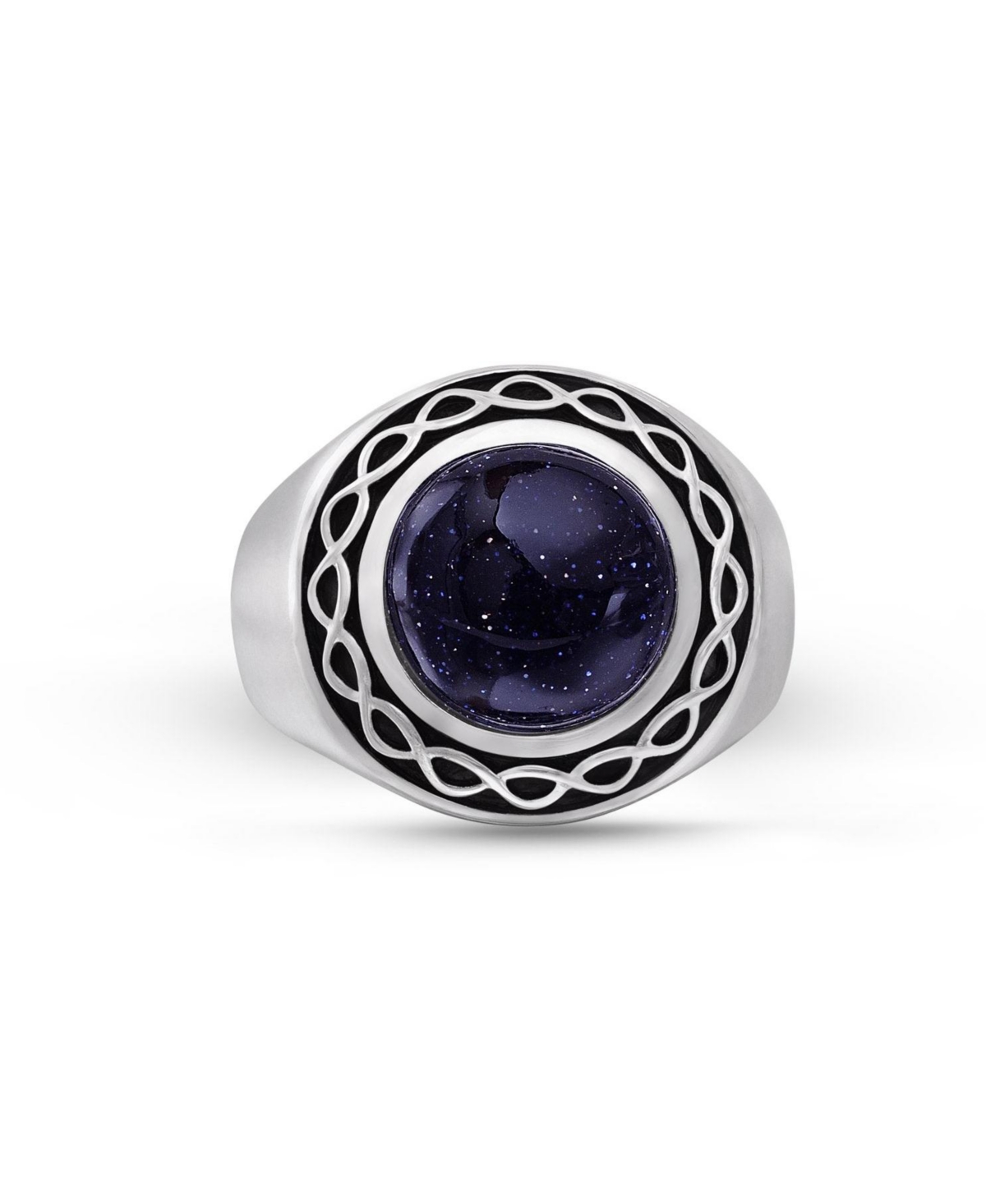 LuvMyJewelry Blue Sand Stone Flat Back Cabochon Gemstone Silver Signet Ring in Black Rhodium