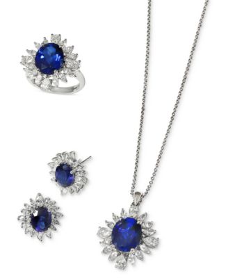 Effy Lab Grown Sapphire Lab Grown Diamond Starburst Halo 18 Pendant Necklace Ring Stud Earrings Collection In 14k White Gold