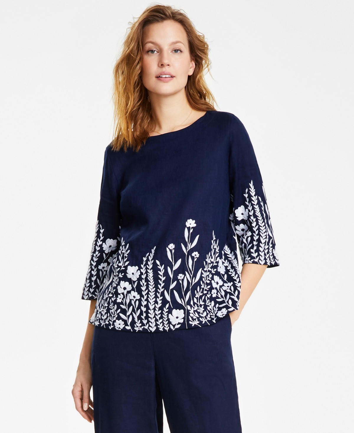 Shop Charter Club Petite 100% Linen Floral-embroidered Top, Created For Macy's In Intrepid Blue