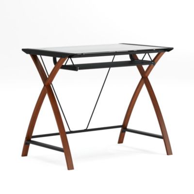 Glass Computer Desk-Pull-Out Keyboard Tray & Crisscross Frame