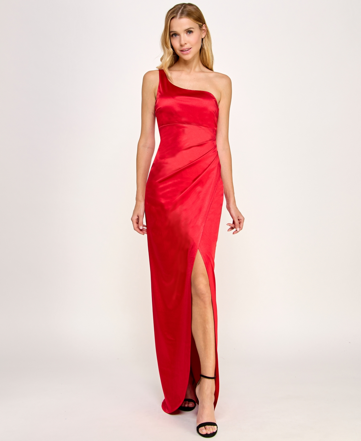 Emerald Sundae Juniors' Satin One-shoulder Gown In Red