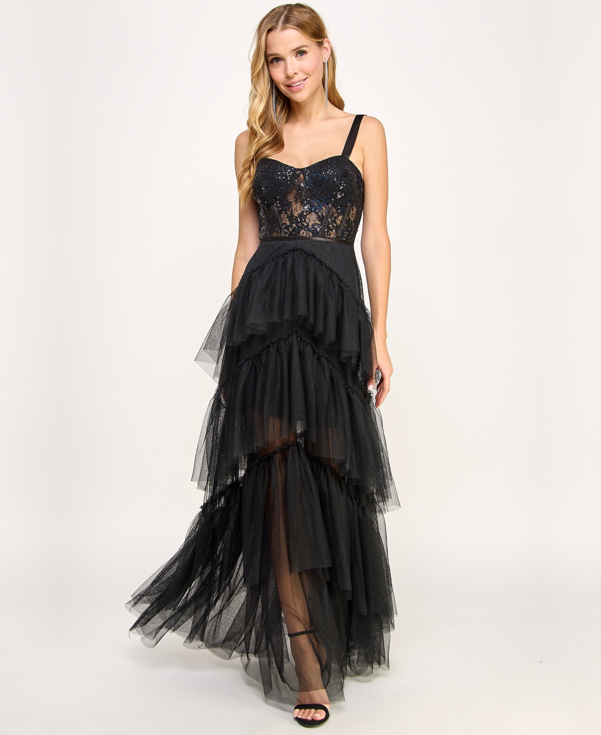 City Studios Juniors' Ruffle-tiered Sequin-lace Gown, Created For Macy's In Black