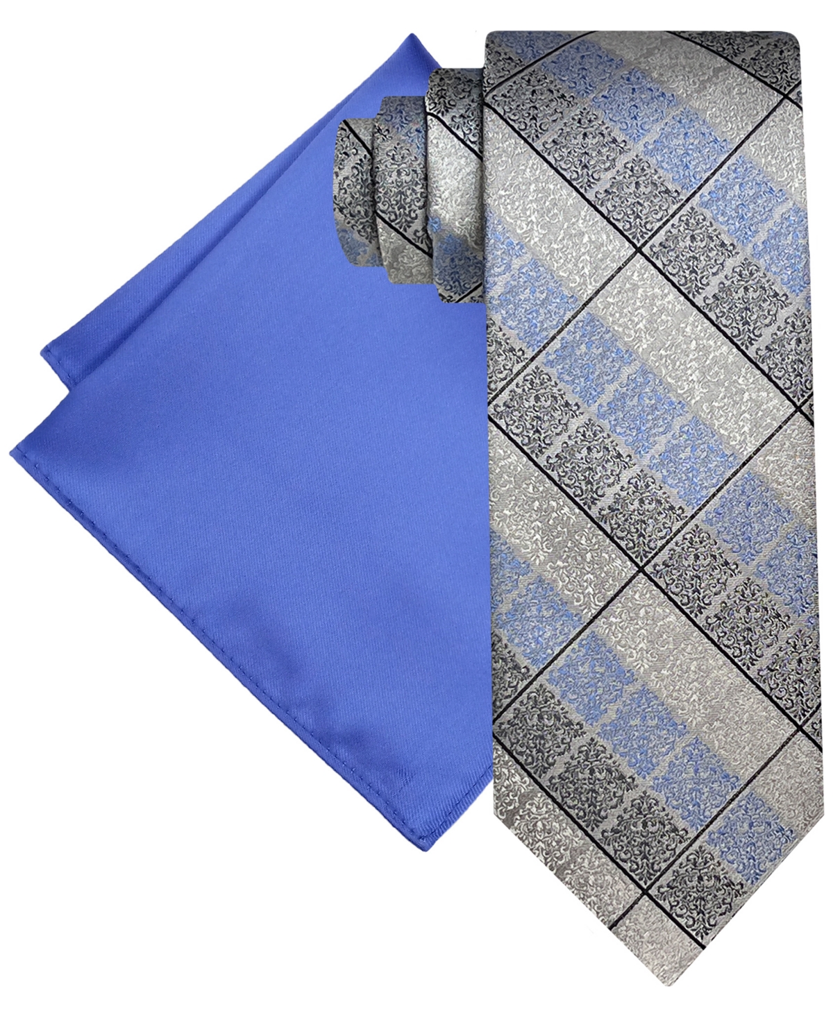 Men's Ornate Grid Tie & Solid Pocket Square Set - Silver