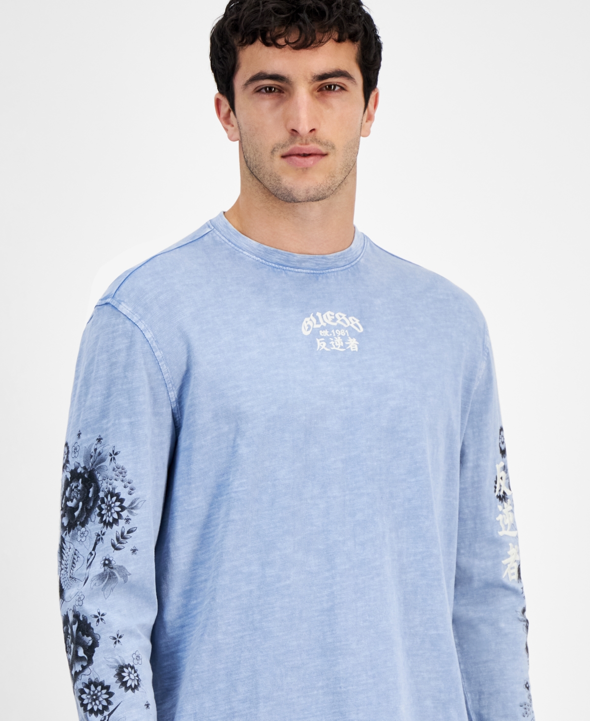 Shop Guess Men's Embroidered Long Sleeve T-shirt In Nimbus Blue Multi