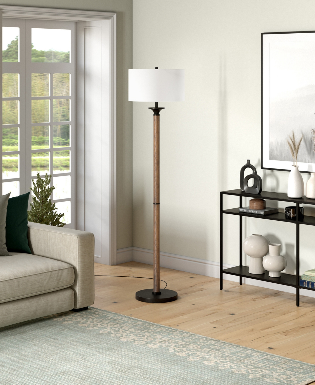 Shop Hudson & Canal Delaney 66" Tall Floor Lamp With Linen Shade In Rustic Oak,blackened Bronze