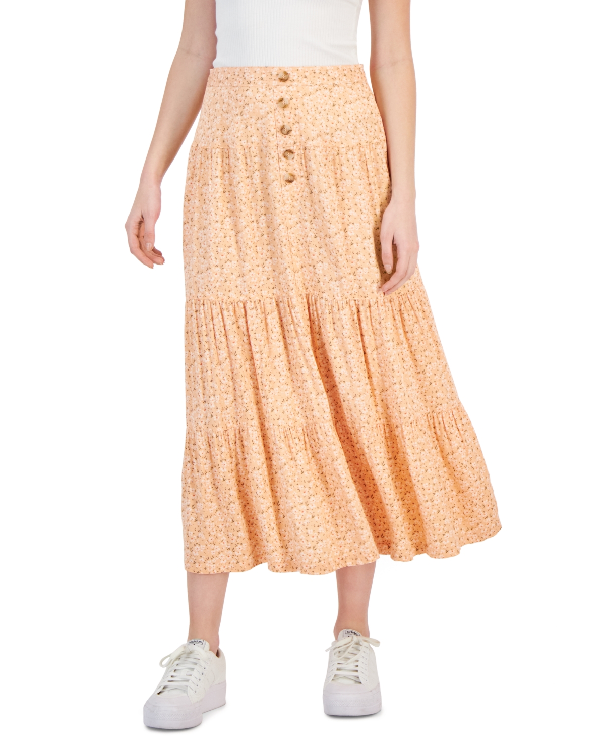 Juniors' Printed Tiered Midi Skirt - Peach