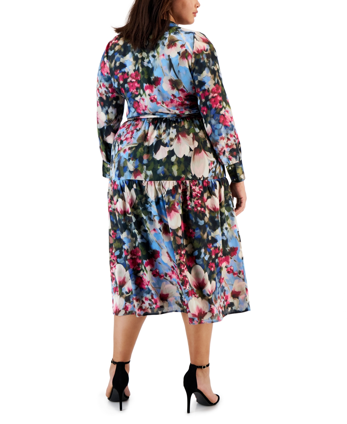 Shop Anne Klein Plus Size Floral-print Tiered Midi Dress In Black Amaranth Multi