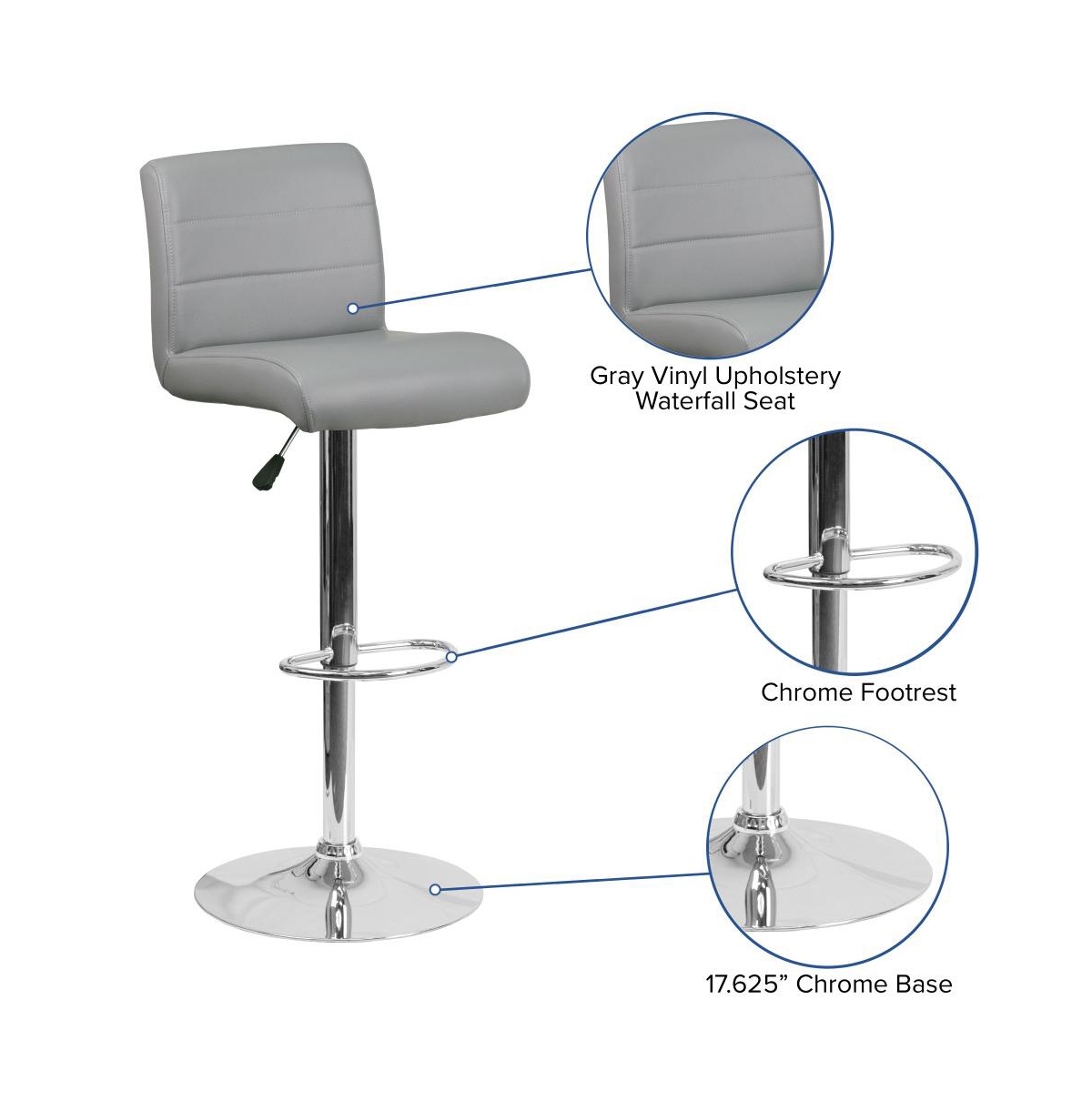 2 Pack Contemporary Vinyl Adjustable Height Barstool With Rolled Seat And Chrome Base