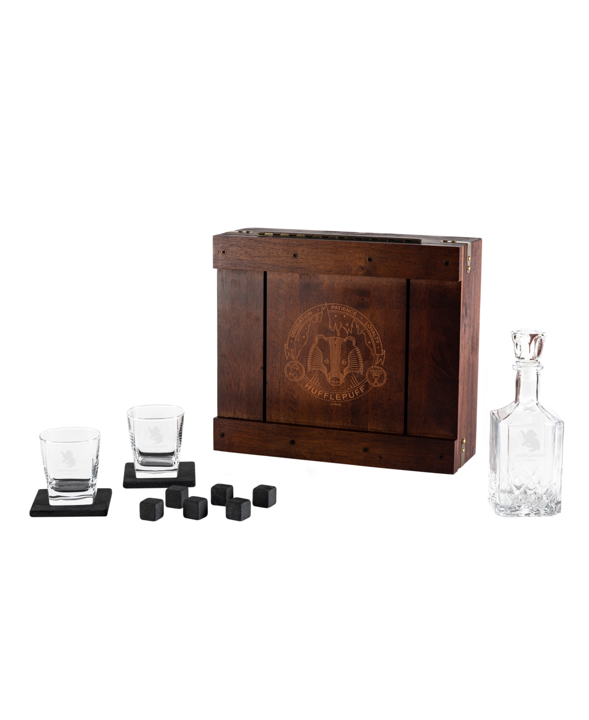 Legacy Harry Potter Hufflepuff Whiskey Box Gift 12 Piece Set With Decanter In Oak