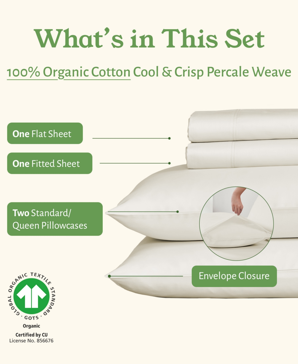 California Design Den Sheets Set, Gots Certified 100% Organic Cotton Percale, Bed Sheet by