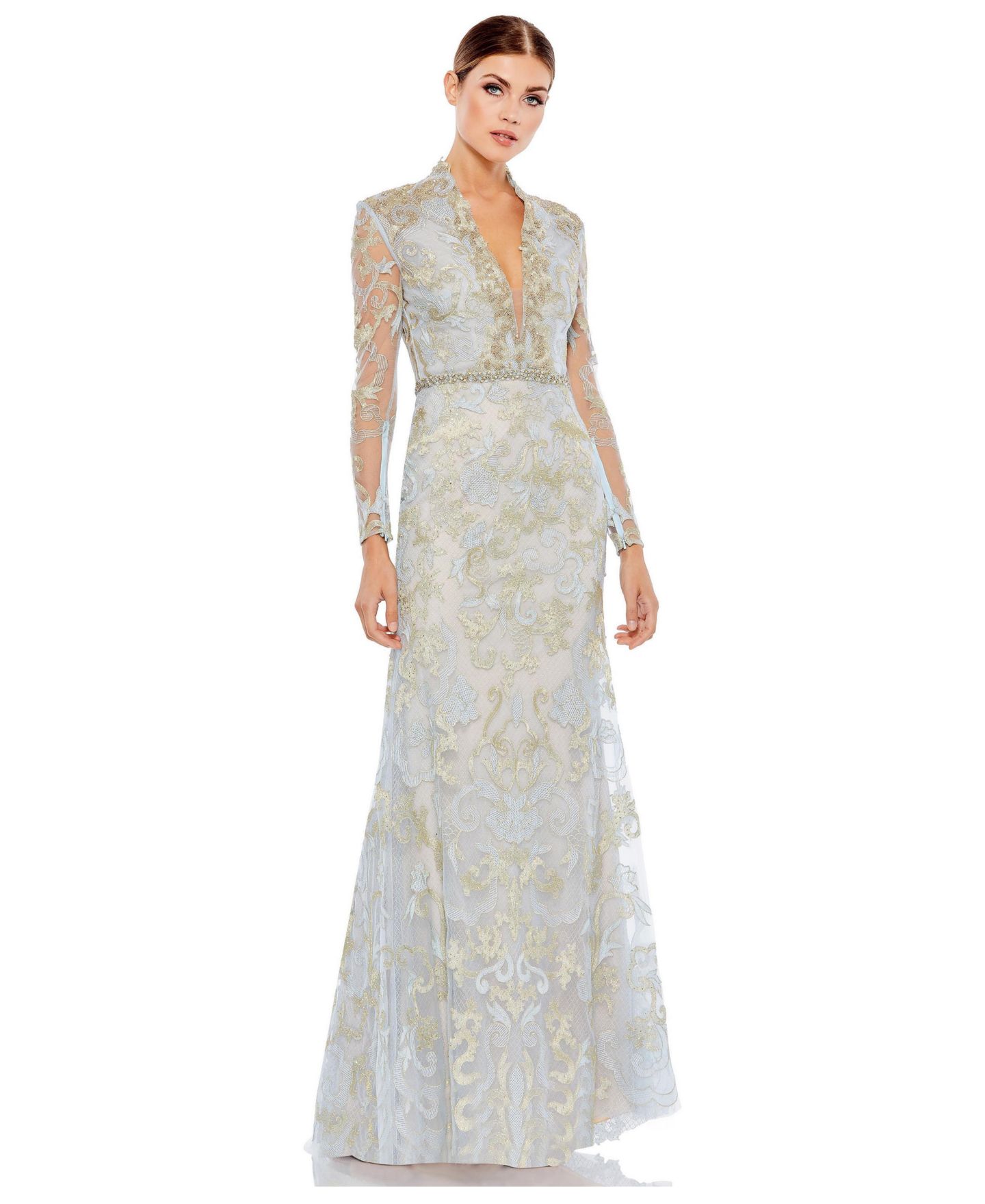 Женские платья Mac Duggal Long Sleeve Applique V-Neck Gown, цвет: Пудрово-голубой — фото 1