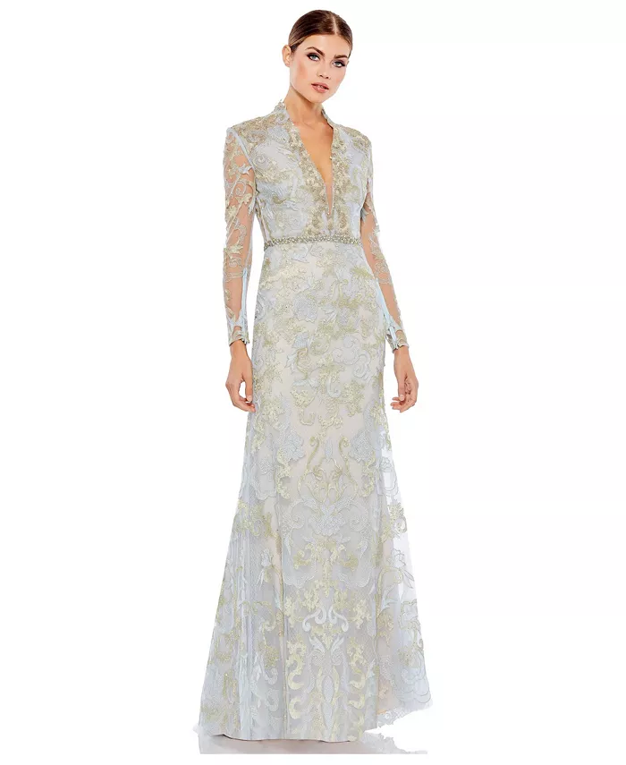 Women's Long Sleeve Applique V-Neck Gown