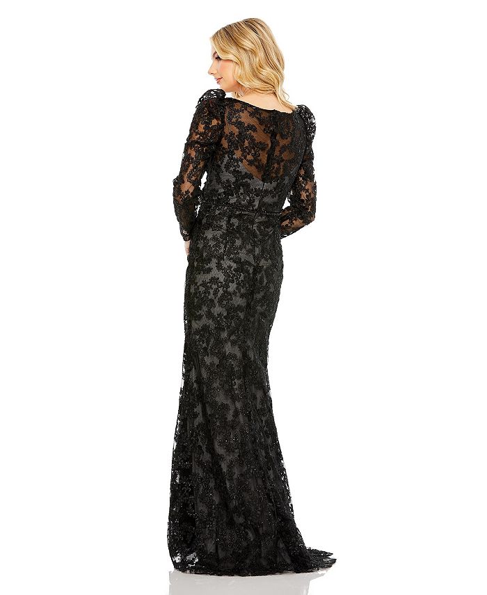 Mac Duggal Women's Embroidered Lace Puff Sleeve Wrap Over Gown - Macy's