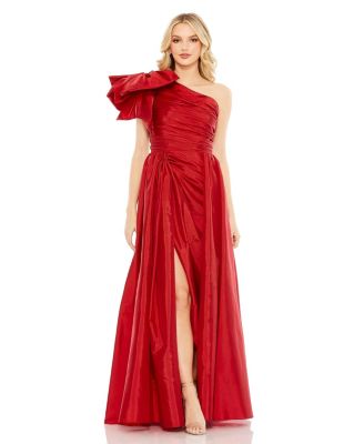 fitted lace wedding dress Mac Duggal Women's Pleated Charmeuse One Shoulder Ruffle Gown - Red