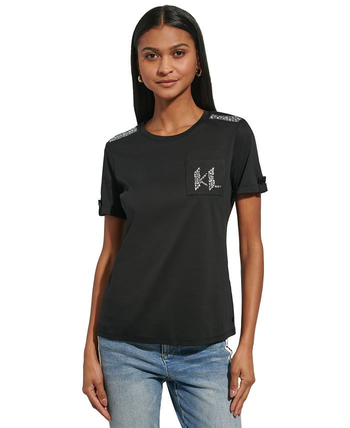 KARL LAGERFELD PARIS Women's Monogram Pocket T-Shirt - Macy's