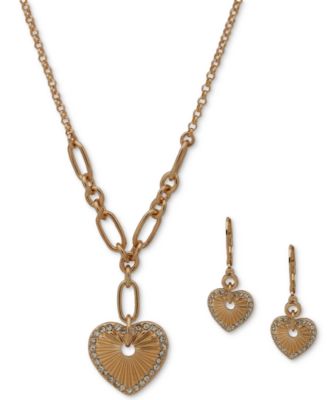 Anne Klein - Gold-Tone Pav&eacute; Textured Heart Lariat Necklace & Drop Earrings Set