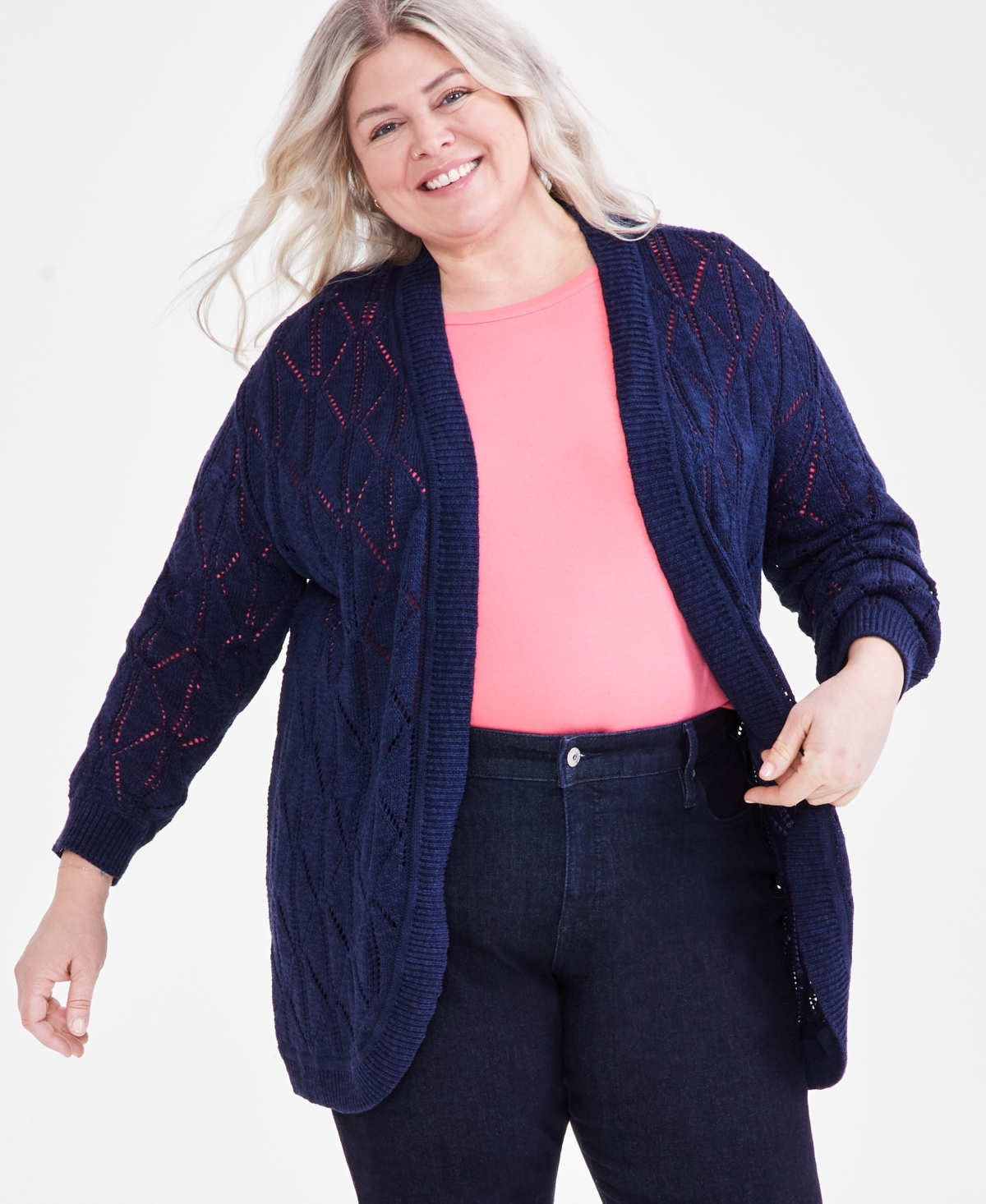 Style & Co Plus Size Open-front Pointelle Cardigan, Created For Macy's In Industrial Blue
