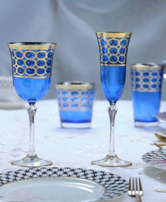 Cobalt Blue Red Wine Goblet with Gold-Tone Rings, Set of 4