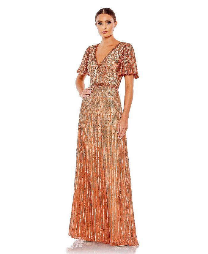 Mac Duggal Women's Embellished V Neck Butterfly Sleeve Column Gown - Macy's