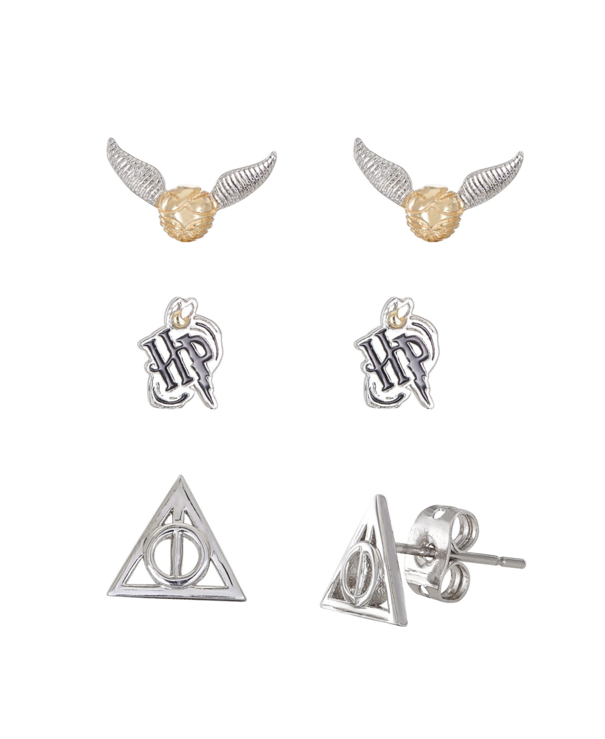 Silver Plated Stud Earrings Set Hp, Deathly Hallows, and Golden Snitch- 3 Pairs - Silver tone, black, gold tone