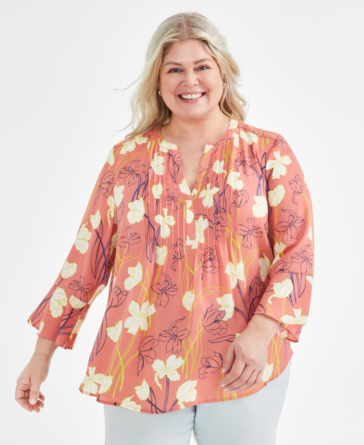 Plus Size Printed Pintuck Blouse, Created for Macy's - Tulip Coral