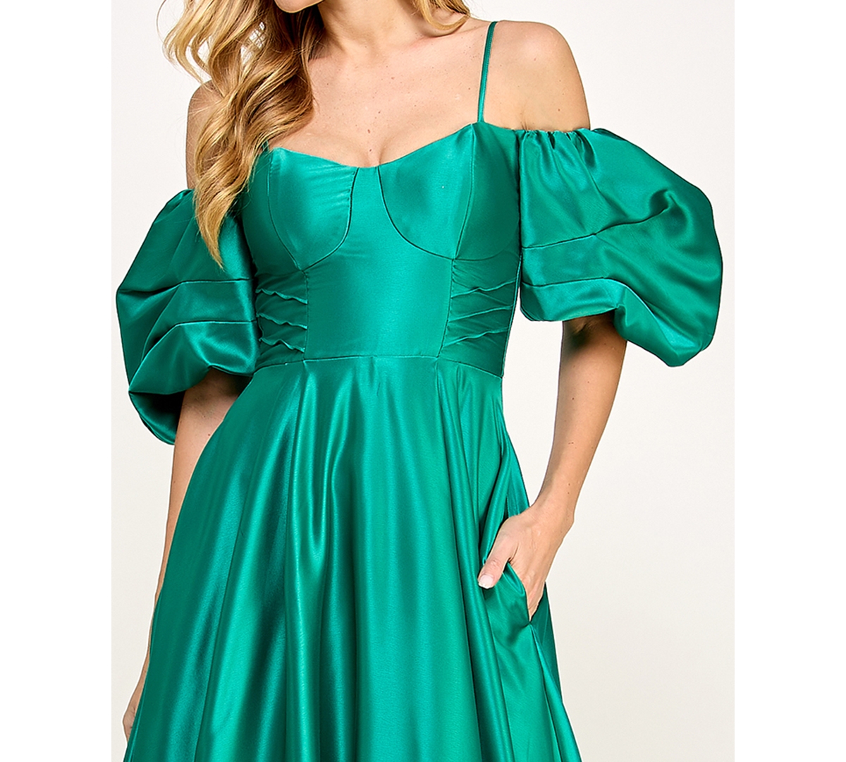 Shop City Studios Juniors' Off The Shoulder Satin Puff-sleeve Sweetheart Gown In Green
