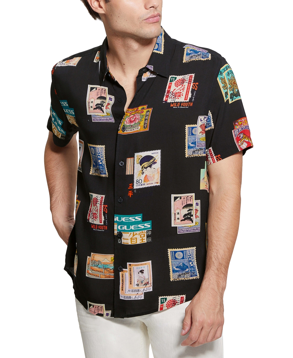 Guess Men's Rayon Post Card Short Sleeve Shirt In Post Card Collage Jetblack