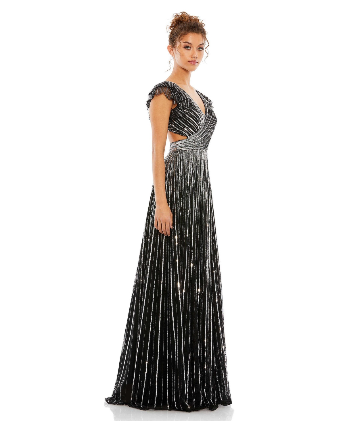 Women's Sequined Cut Out Ruffled Cap Sleeve Lace Up Gown