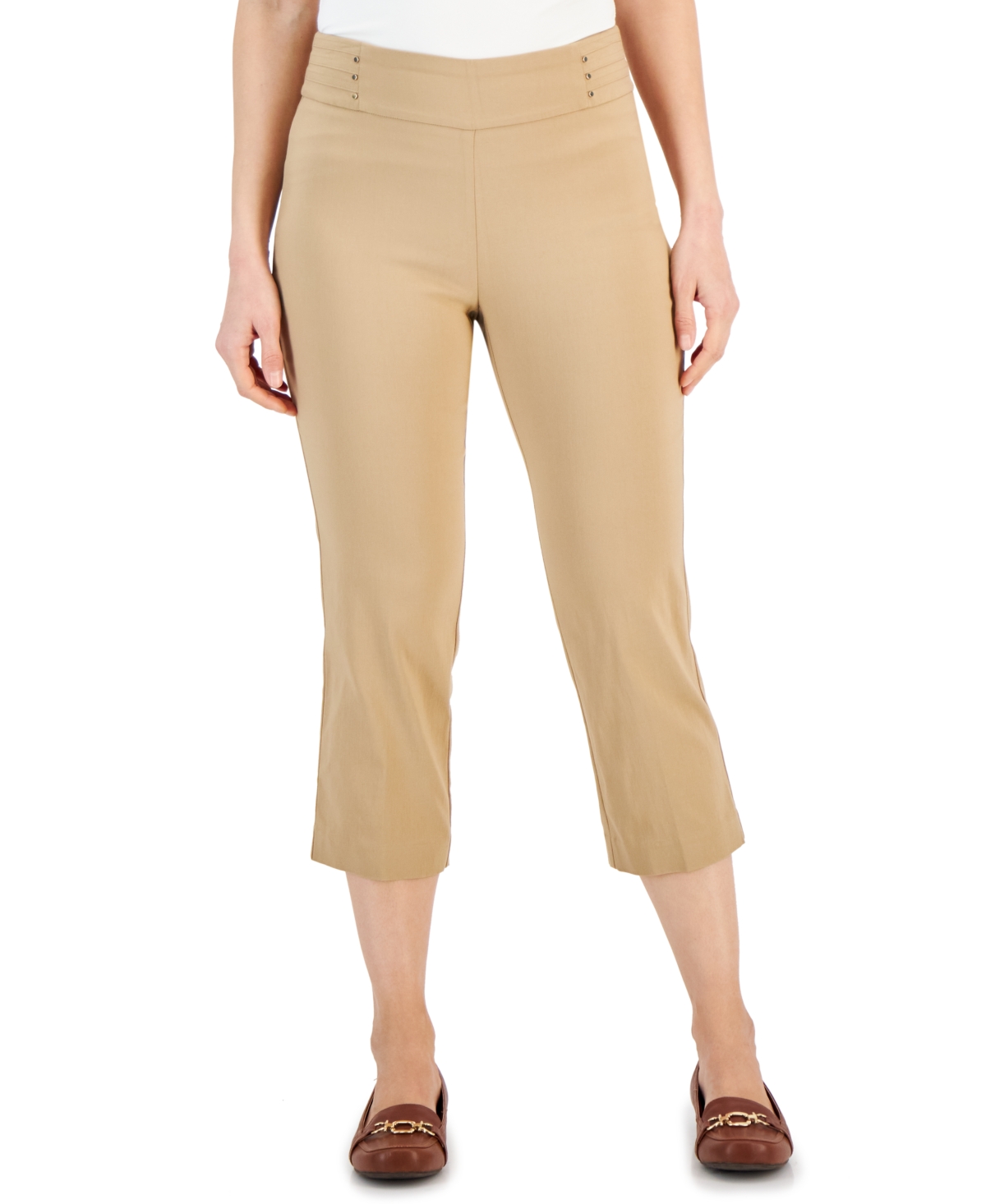 Jm Collection Women's Pull On Slim-fit Rivet Detail Cropped Pants, Created For Macy's In New Fawn