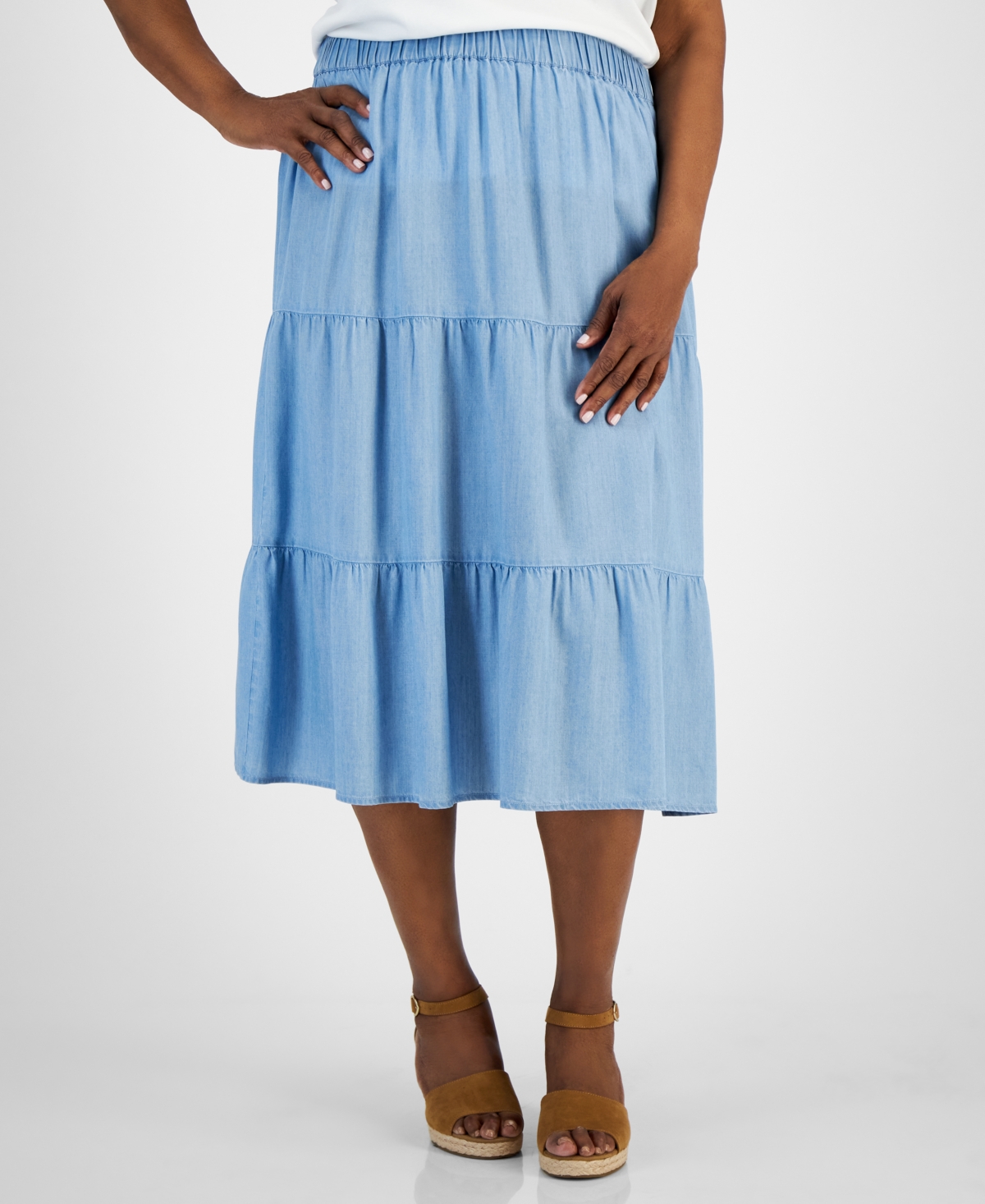 Style & Co Women's Chambray Tiered Pull-on Skirt, Created For Macy's In Emma Wash