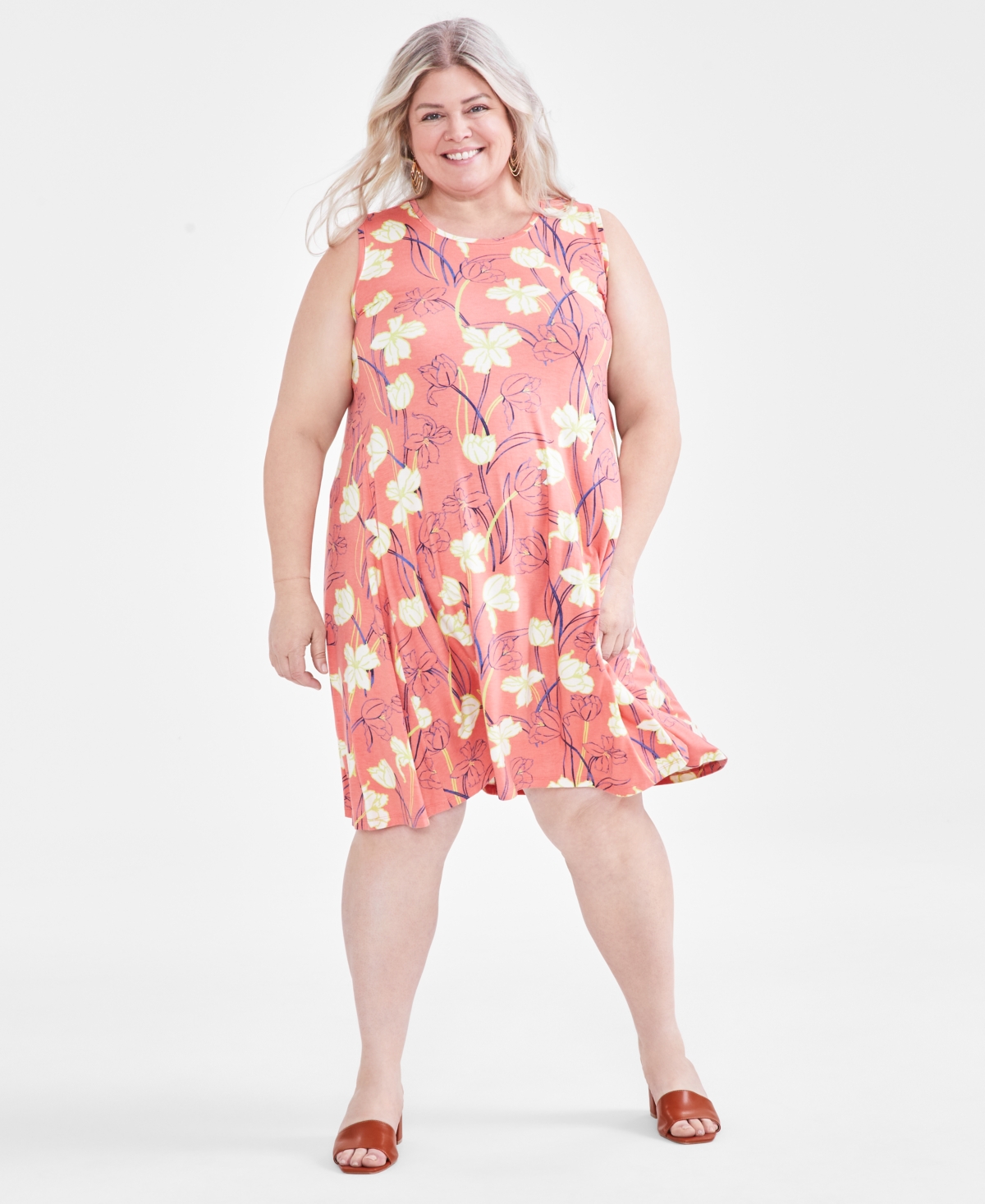 Style & Co Plus Size Printed Flip-flop Dress, Created For Macy's In Tulip Coral