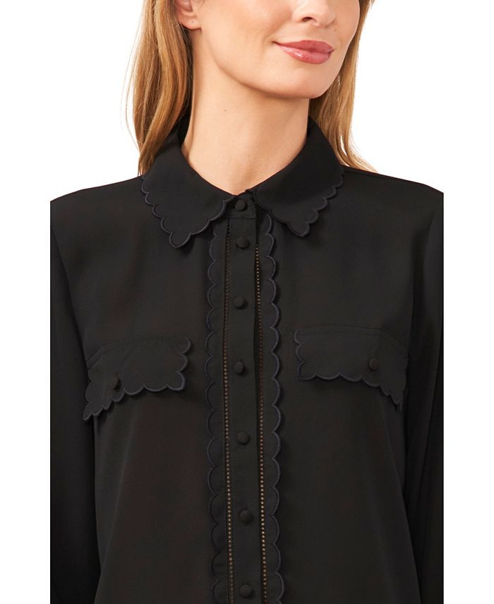CeCe Women's Long Sleeve Scalloped Button Down Blouse with Pockets - Macy's