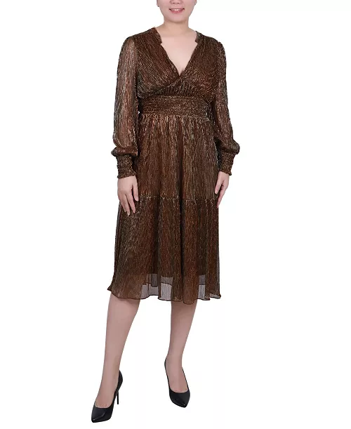 petite long sleeve plisse mesh dress