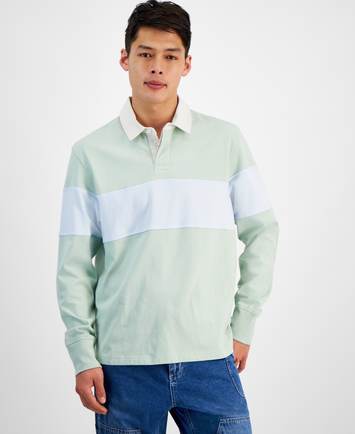 Men's Aaron Colorblocked Long Sleeve Rugby Shirt, Created for Macy's - Soft Blush