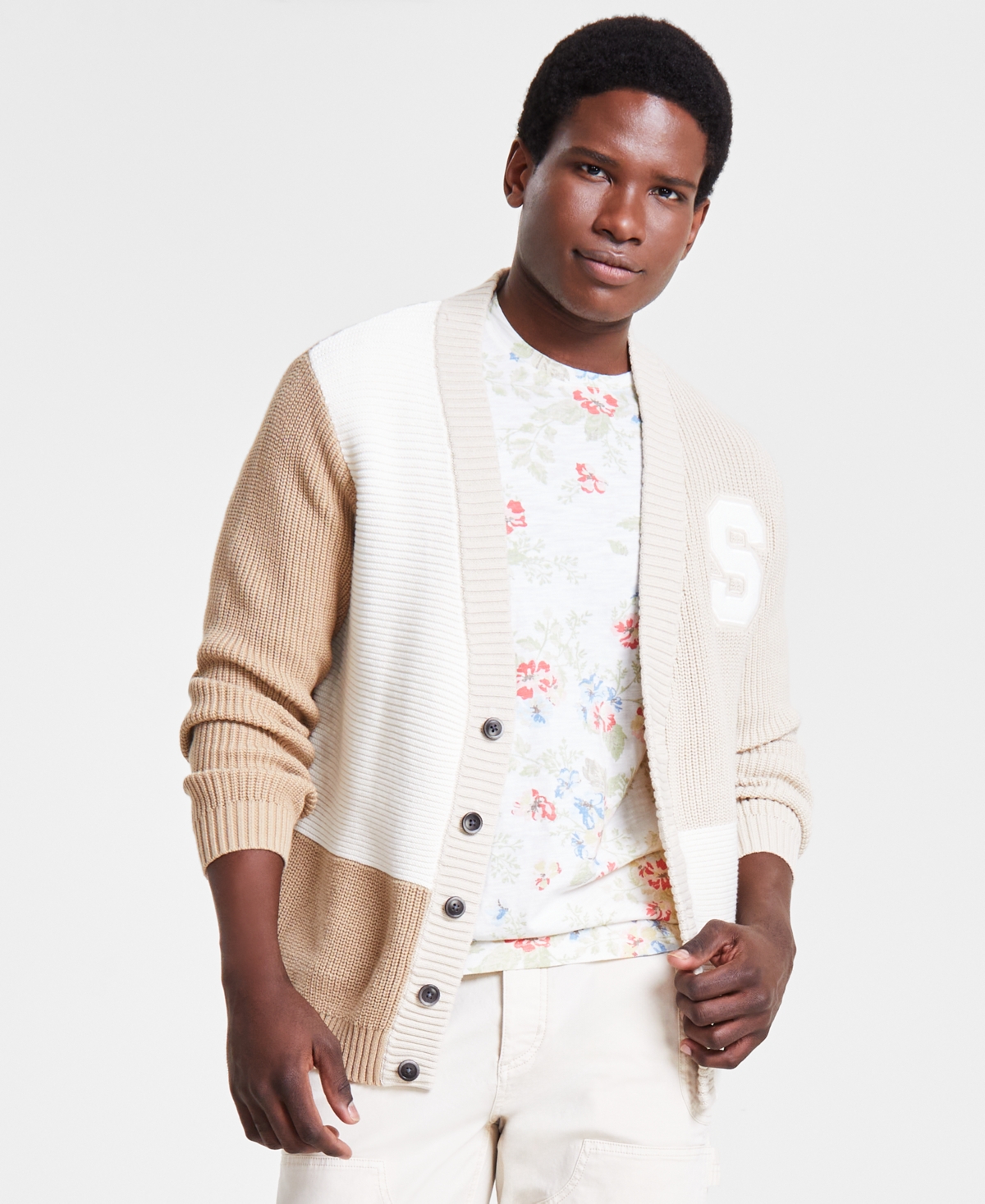 Men's Regular-Fit Colorblocked Patchwork Cardigan, Created for Macy's - Tofu
