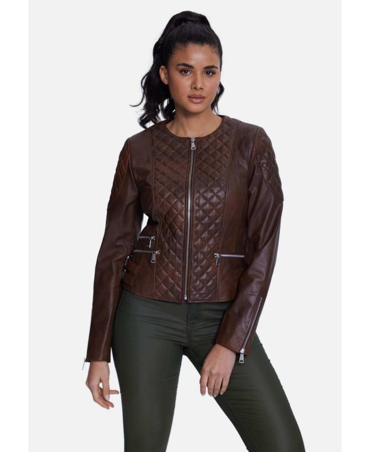 Women's Genuine Leather Quilted Biker Jacket, Whiskey - Whiskey
