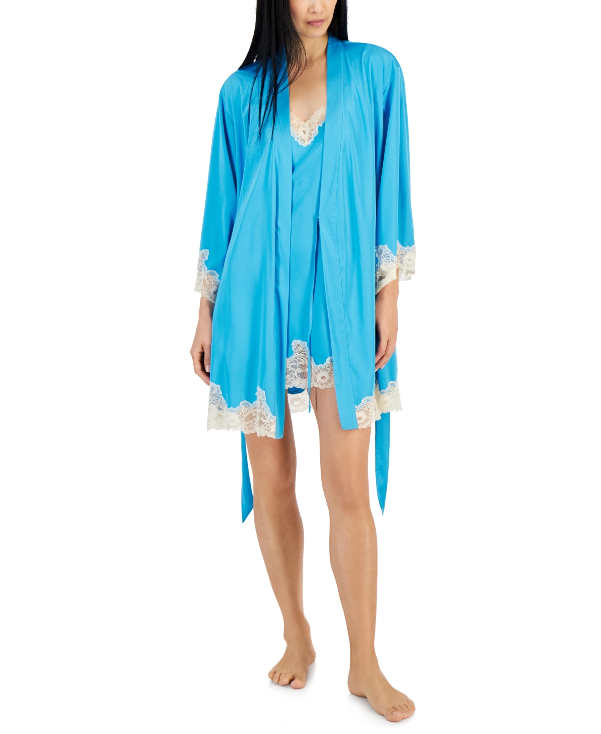 Shop Inc International Concepts Women's Lace-trim Stretch Satin Robe, Created For Macy's In Green Sheen
