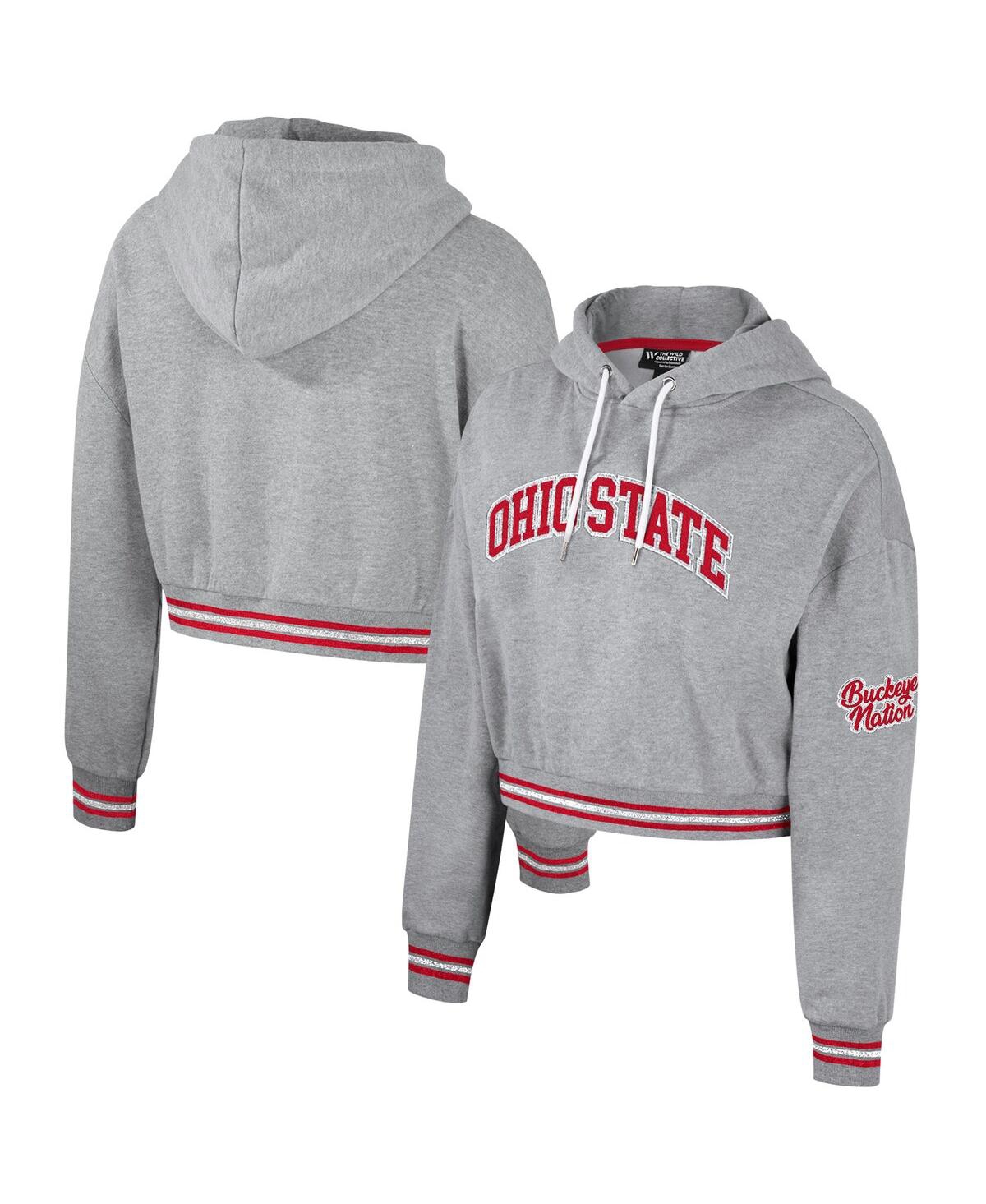 Women's The Wild Collective Heather Gray Distressed Ohio State Buckeyes Cropped Shimmer Pullover Hoodie - Heather Gray