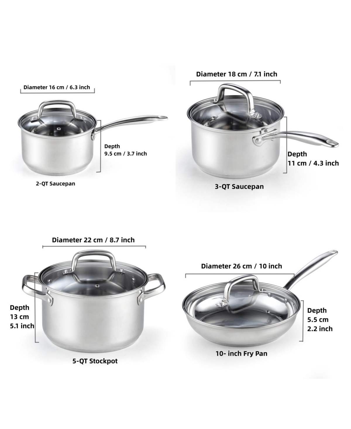 Cook N Home 8-Piece Stainless Steel Pots and Pans Cookware Set,- Silver